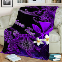 Black throw blanket with purple turtle motif, plumeria flowers, and raised name text