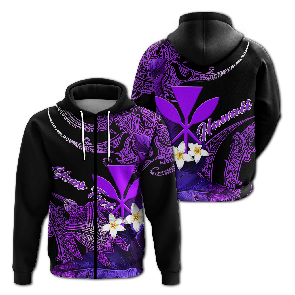 Black pullover hoodies with purple turtle and plumeria graphics, two views