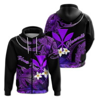 Black pullover hoodies with purple turtle and plumeria graphics, two views