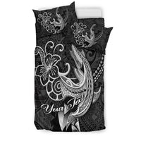 Black Polynesian shark duvet set with “Your Text” print, matching 2 pillowcases
