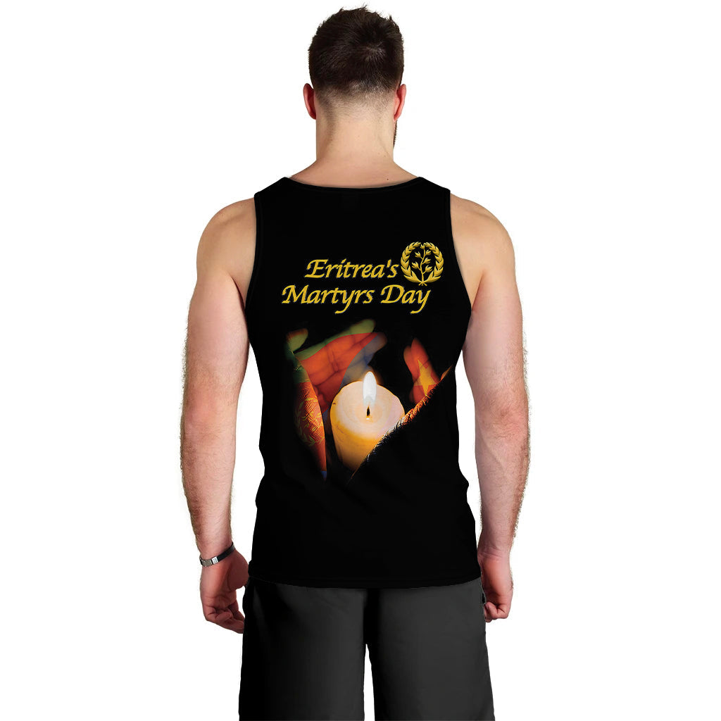 Black men’s tank top back view with “Eritrea’s Martyrs Day” text and candle graphic