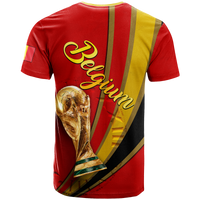 Red football T-shirt back with yellow diagonal stripe and gold script logo