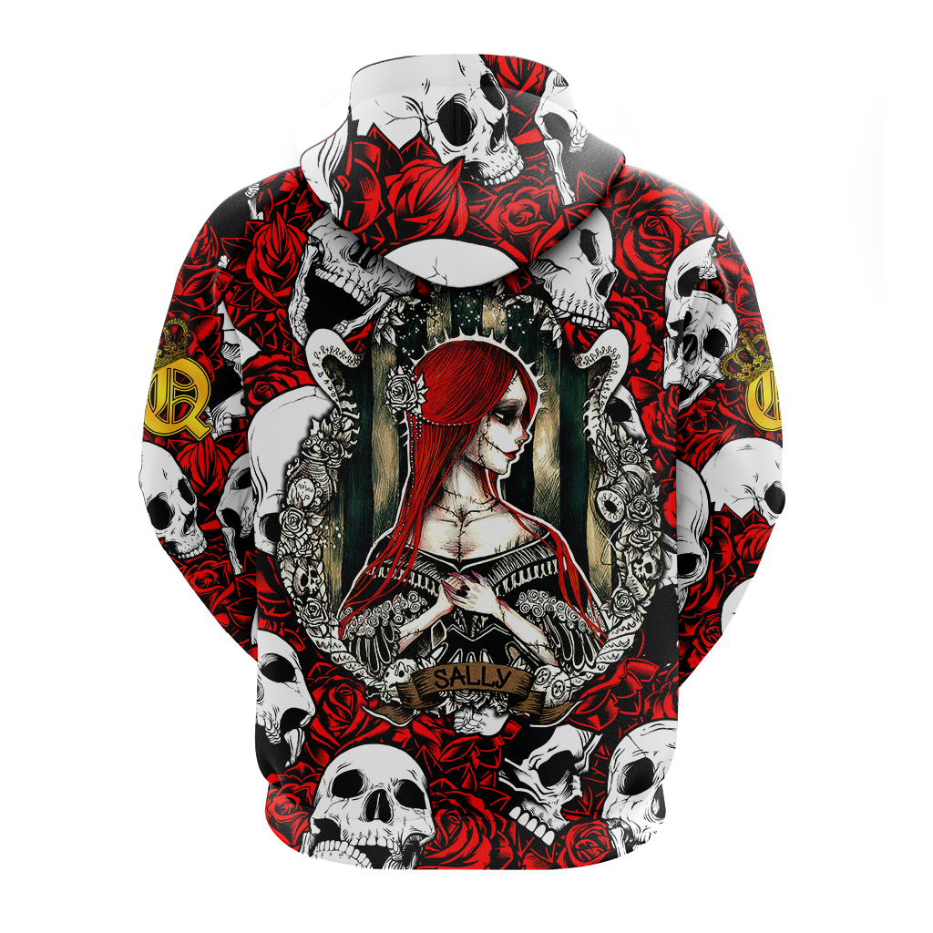 Back graphic pullover hoodie with skulls, red roses, and portrait on dark red