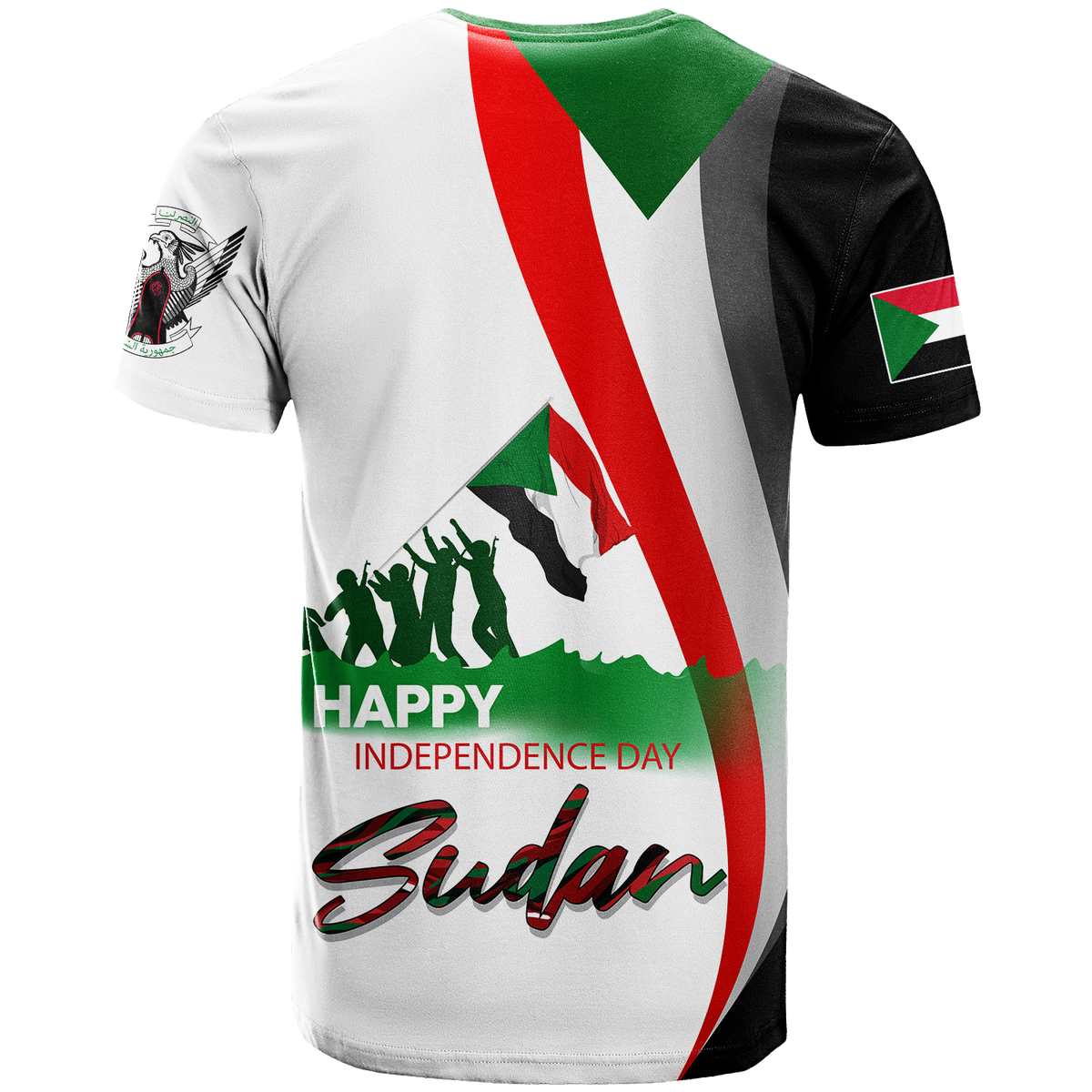 Graphic Sudan-themed T-shirt with Happy Independence Day text and Sudan script