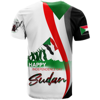 Graphic Sudan-themed T-shirt with Happy Independence Day text and Sudan script