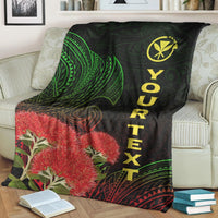 Schwarze Hawaii-Polynesische Decke auf dem Sofa: Ohia-Lehua Blumen, gelber Schriftzug