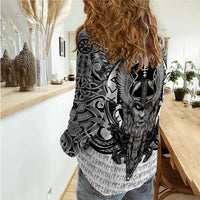 Women casual shirt, white with black Viking-style back graphic of wolf and runes