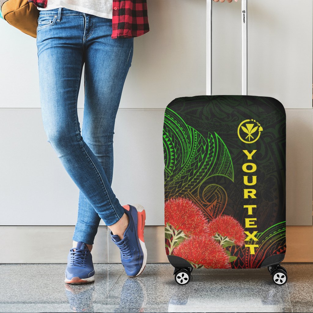 Black wheeled suitcase cover with green foliage, red blossoms, and yellow “YOUR TEXT”