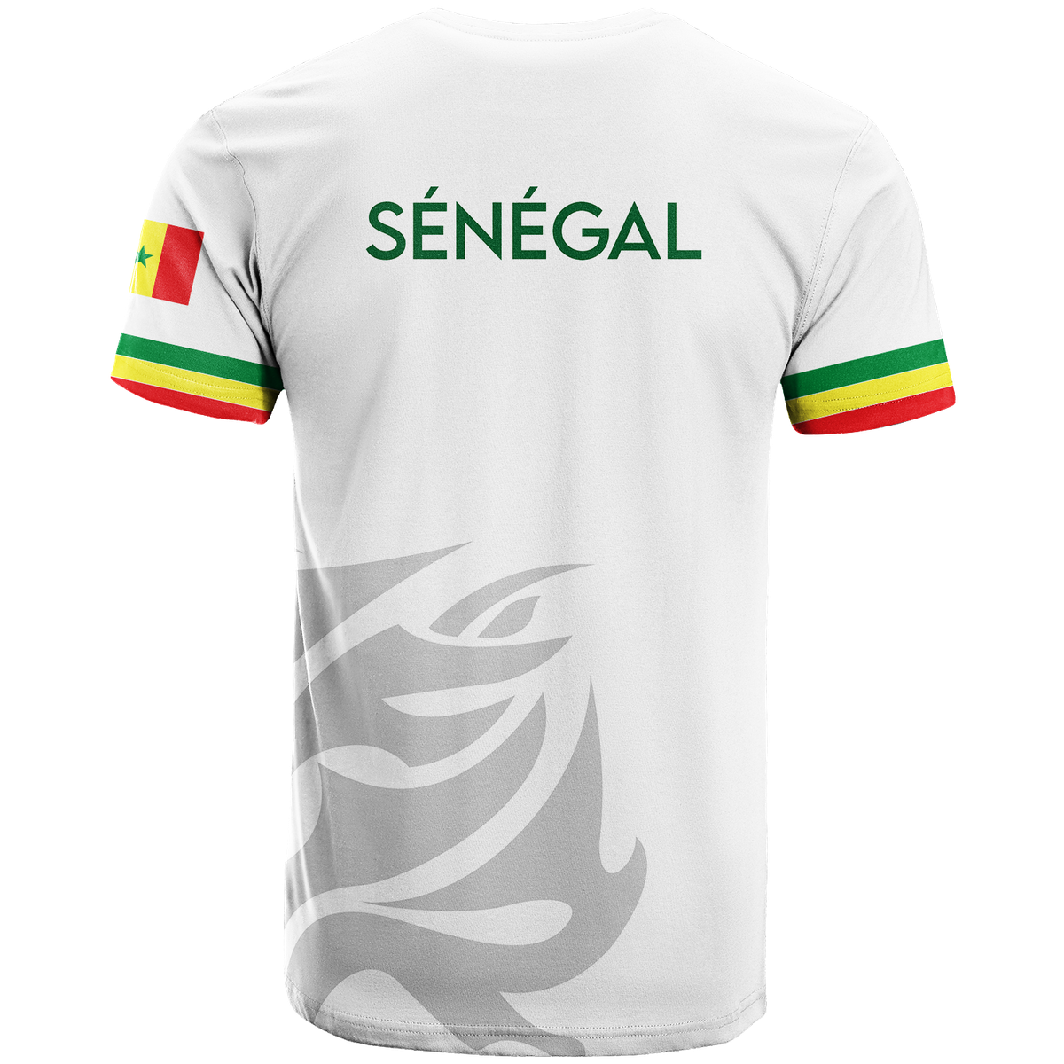 White Senegal football T-shirt back with SÉNÉGAL text, flag stripe sleeves, large graphic
