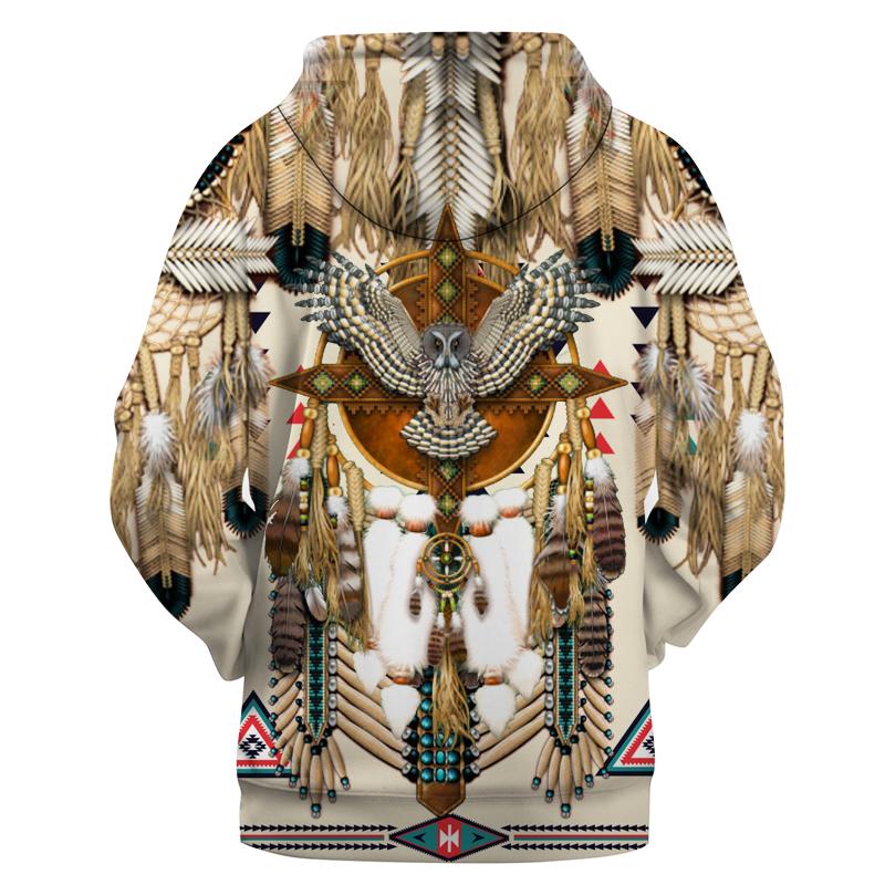 Pullover hoodie with hood and chest owl dreamcatcher graphic, multicolor print