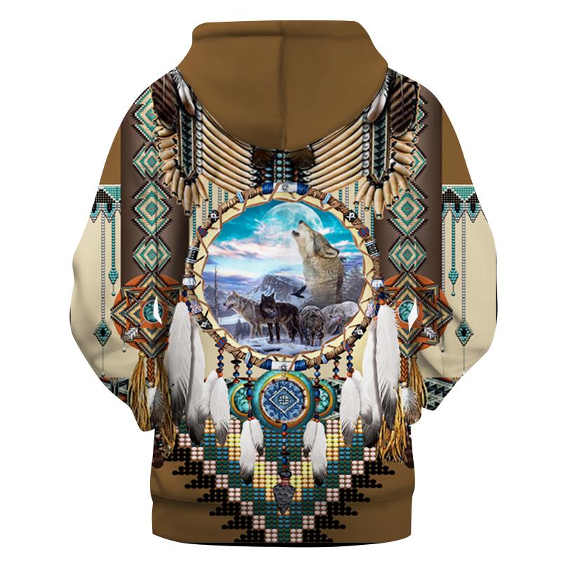 Brown pullover hoodie back with dreamcatcher Native print, wolf center