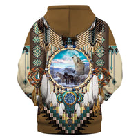 Brown pullover hoodie back with dreamcatcher Native print, wolf center