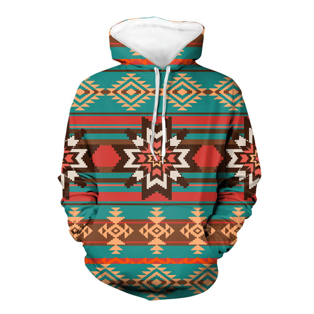 Teal multicolor pullover hoodie with native geometric pattern, star center, white drawstring