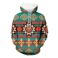 Teal multicolor pullover hoodie with native geometric pattern, star center, white drawstring