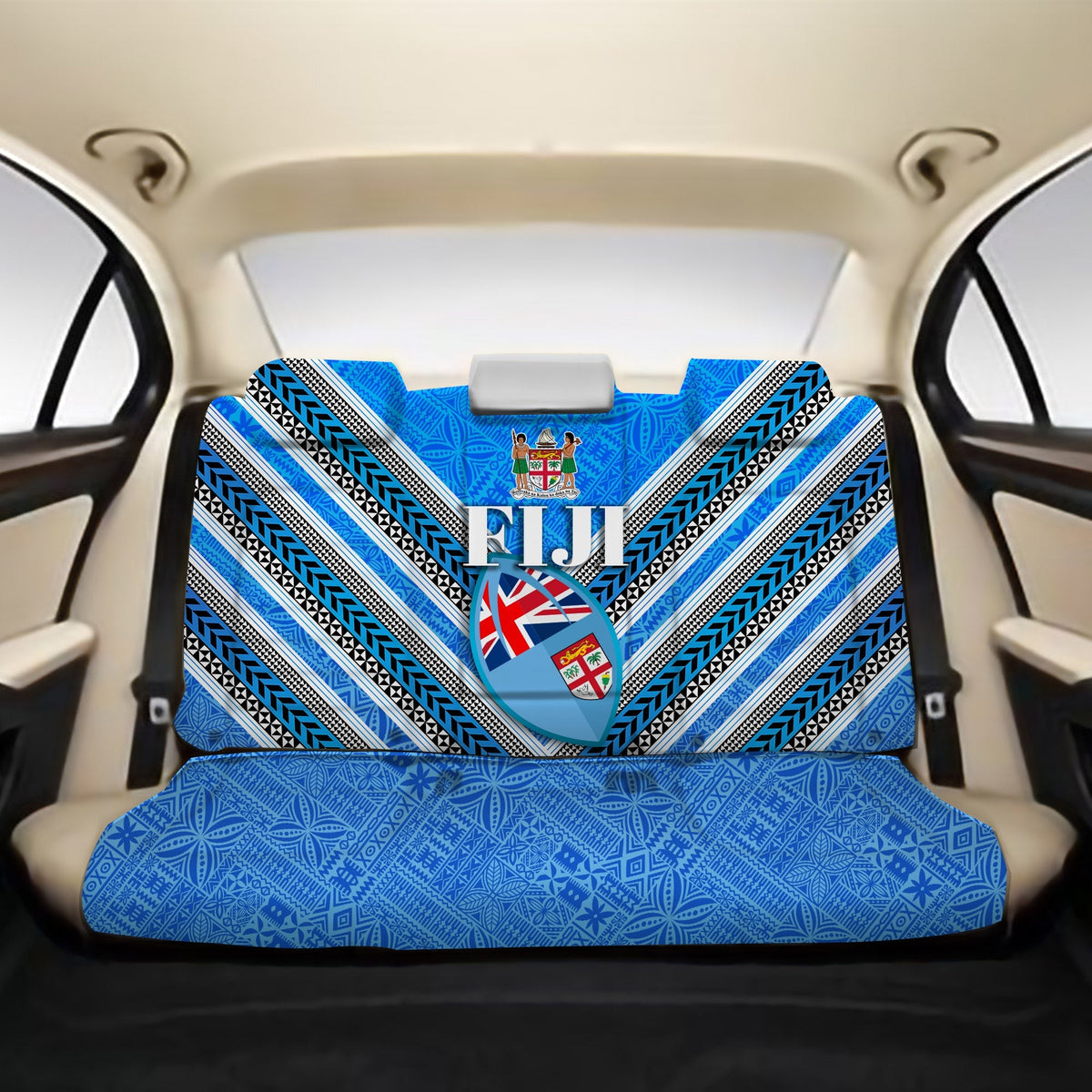 Blue Fiji back seat cover with tribal chevron patterns and crest