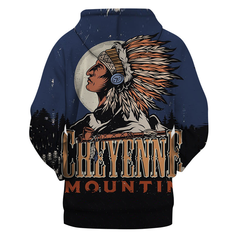 Dark navy pullover hoodie with 3D Native chief headdress print and “Chief Moon”