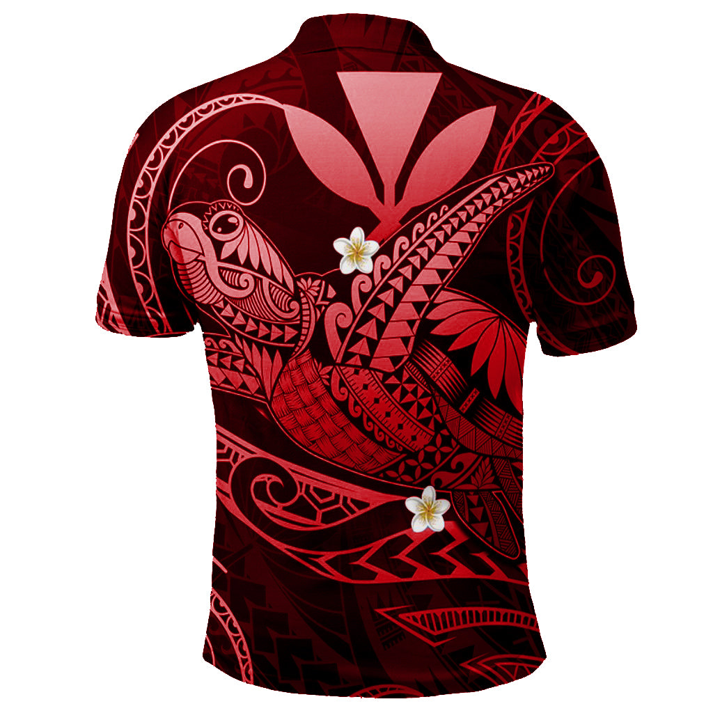 Red polynesian polo shirt with turtle print on back and hibiscus flower