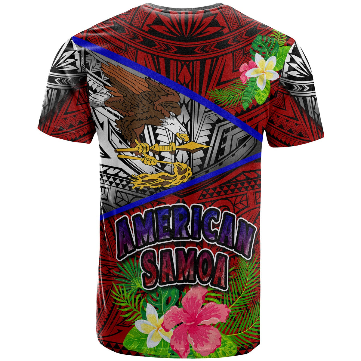 Camiseta roja vista trasera con águila y “AMERICA SAMOA” sobre patrón polinesio