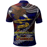 Blue polo shirt back with eagle, Polynesian pattern design and “American Samoa” text