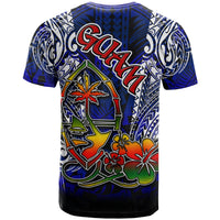 Blue Guam T-shirt back with large 'GUAM' script, polynesian patterns, crest and flowers