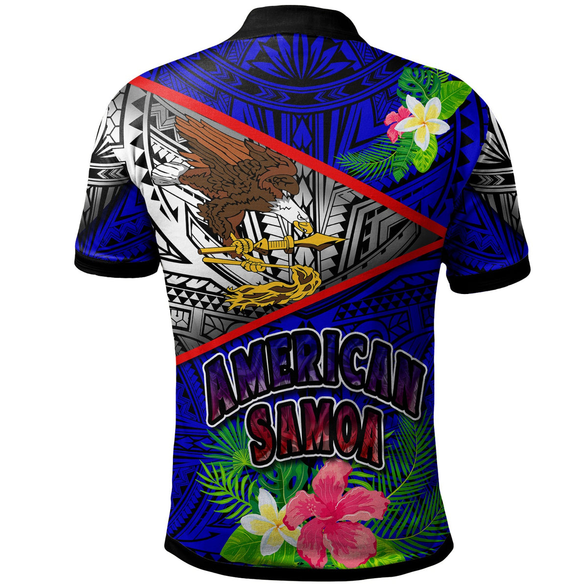 American Samoa polo shirt back view, blue Polynesian eagle art, 'AMERICAN SAMOA' logo
