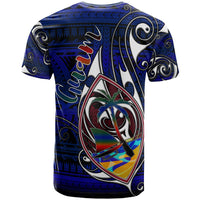 Blue Guam T-shirt back with large Polynesian crest graphic and swirled motifs