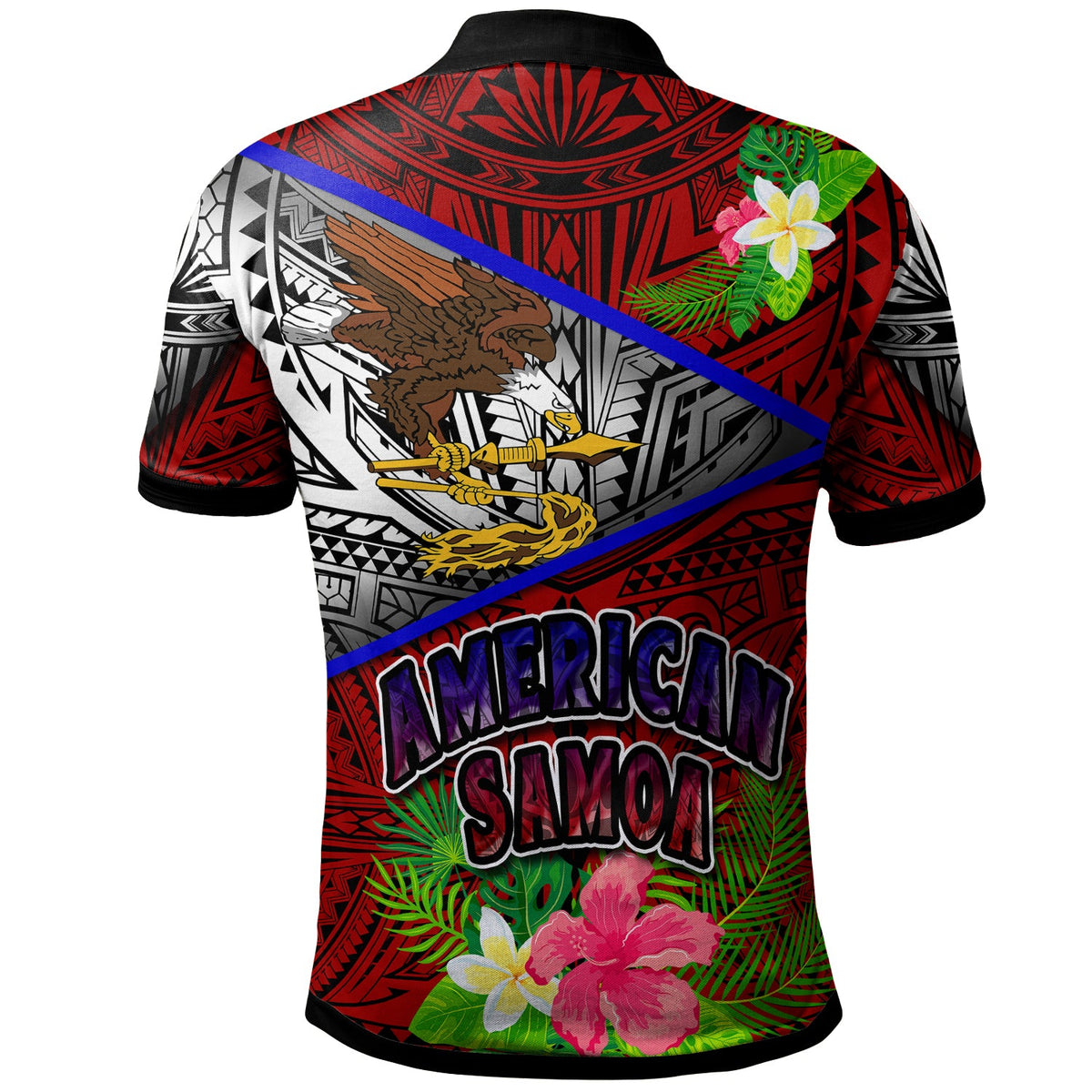 American Samoa polo shirt back view in red, Polynesian eagle art and 'AMERICAN SAMOA' logo