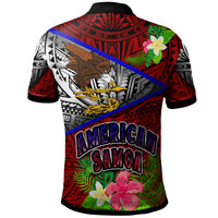 American Samoa polo shirt back view in red, Polynesian eagle art and 'AMERICAN SAMOA' logo