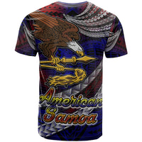 American Samoa T-shirt, blue eagle, guitar motif and 'American Samoa' text