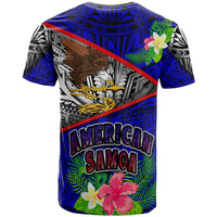Camiseta azul vista trasera con águila, patrón polinesio y “AMERICA SAMOA”