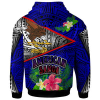 American Samoa hoodie, blue back view with eagle and floral Polynesian pattern, pullover
