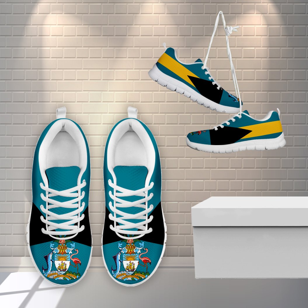 Bahamas flag & coat of arms sneakers, black upper with teal and yellow stripes, white sole.