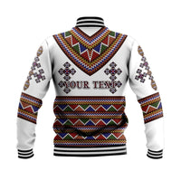 Back of white unisex baseball jacket with colorful geometric pattern and customizable text