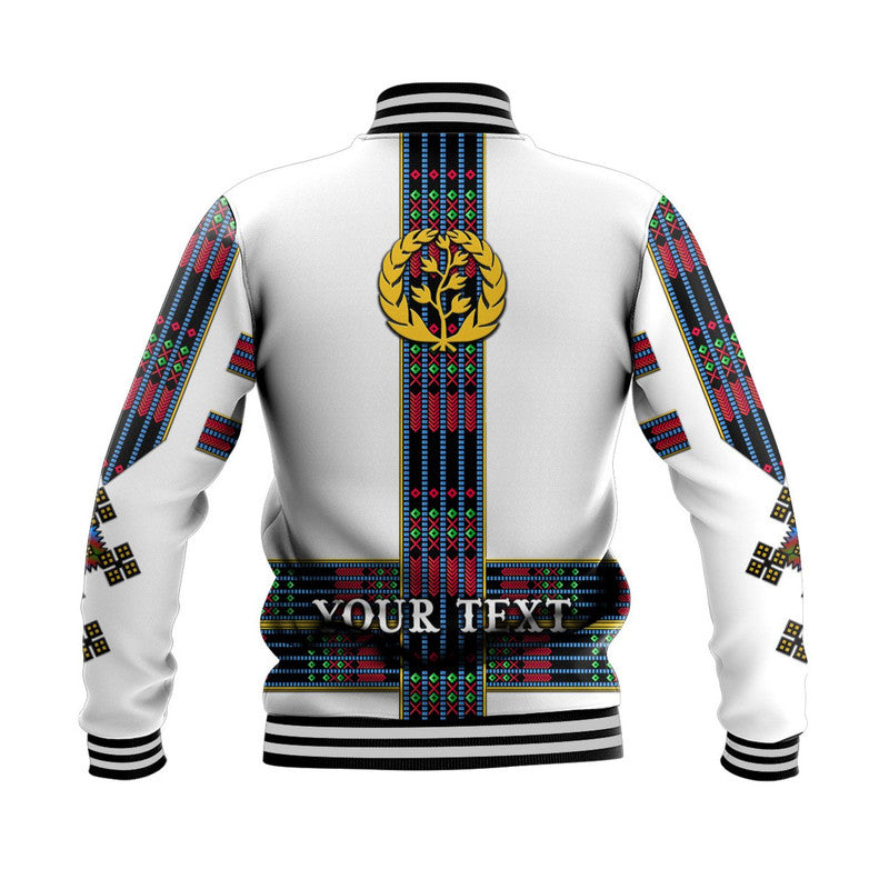 White baseball jacket back with vertical stripe emblem panel and 'YOUR TEXT' across hem