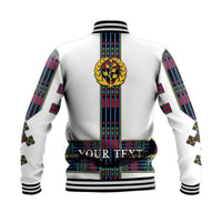 White baseball jacket back with vertical stripe emblem panel and 'YOUR TEXT' across hem