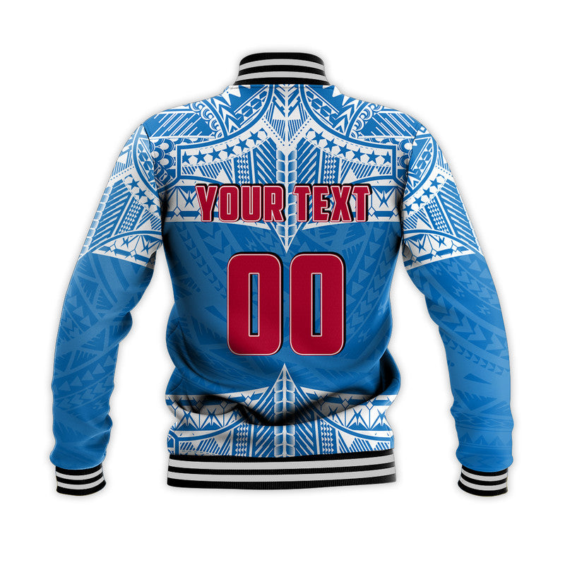 Blue rugby baseball jacket back: 'YOUR TEXT' with large '00', ribbed striped collar