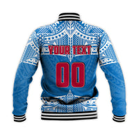 Blue rugby baseball jacket back: 'YOUR TEXT' with large '00', ribbed striped collar