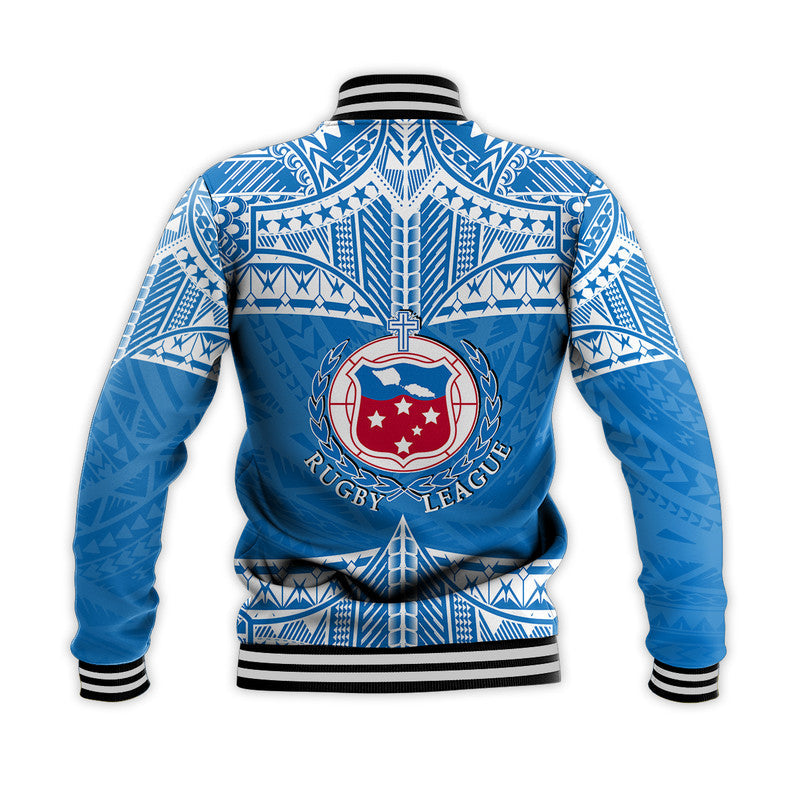 Blue Samoa rugby baseball jacket back, crest logo, ribbed striped collar cuffs