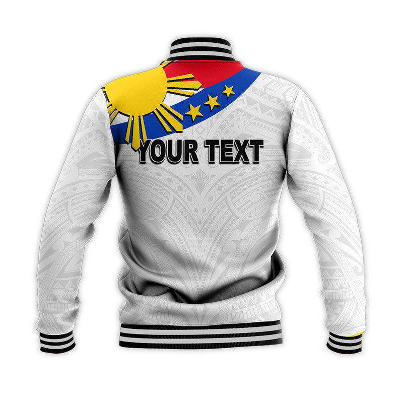 White baseball jacket back: Pilipinas sun graphic and striped hem, 'YOUR TEXT' print.