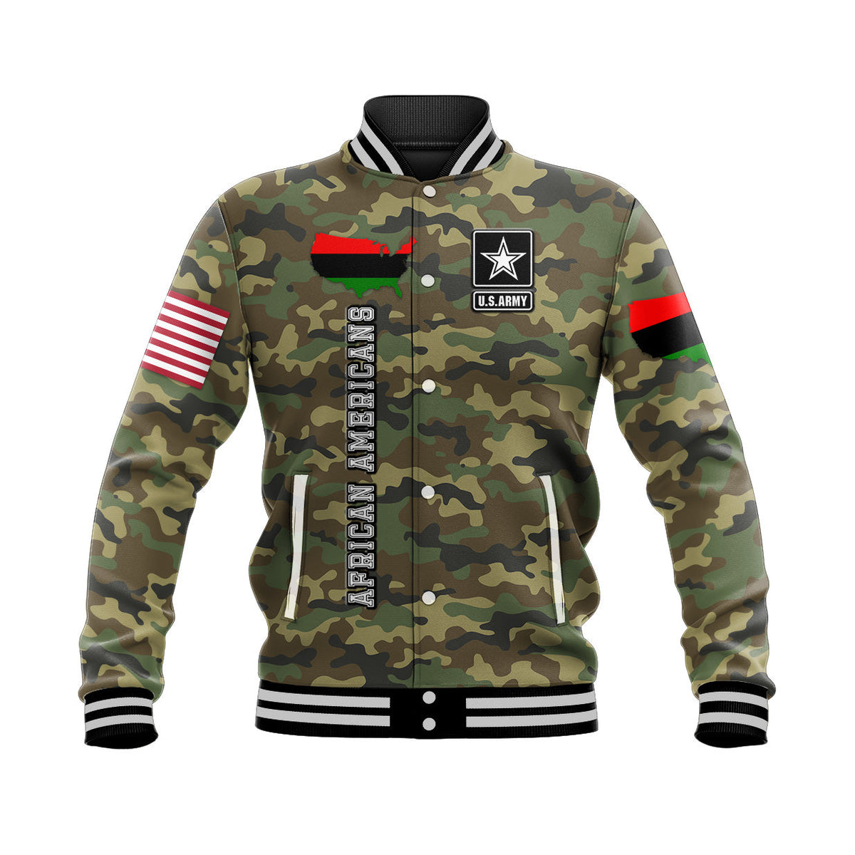 Green camouflage unisex baseball jacket with striped ribbed collar and U.S. Army front patch