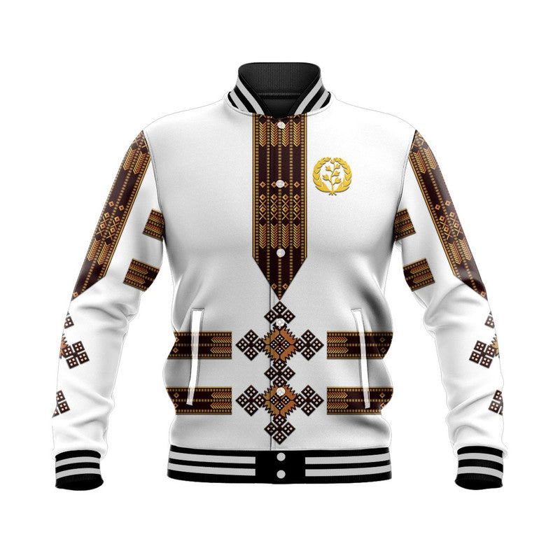 Chaqueta baseball blanca unisex con ribetes negros y patrón tibeb colorido en el frente