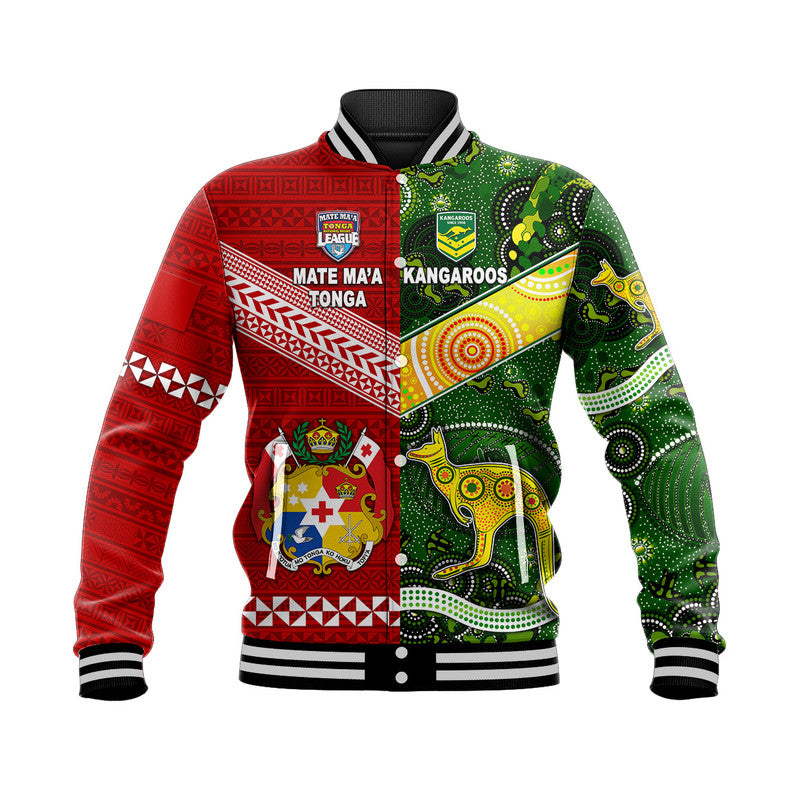 (Custom Personalised) Mate Ma'a Tonga Ngatu And Australia Kangaroos Aboriginal Baseball Jacket Rugby Together LT8 - Wonder Print Shop