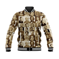 Tan baseball jacket with civil rights leader portrait collage, black striped collar and cuffs