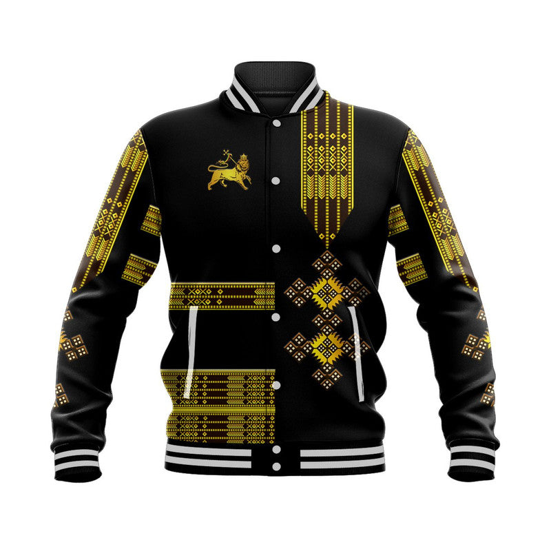 Black baseball jacket with yellow Ethiopian lion crest and geometric sleeve patterns, unisex