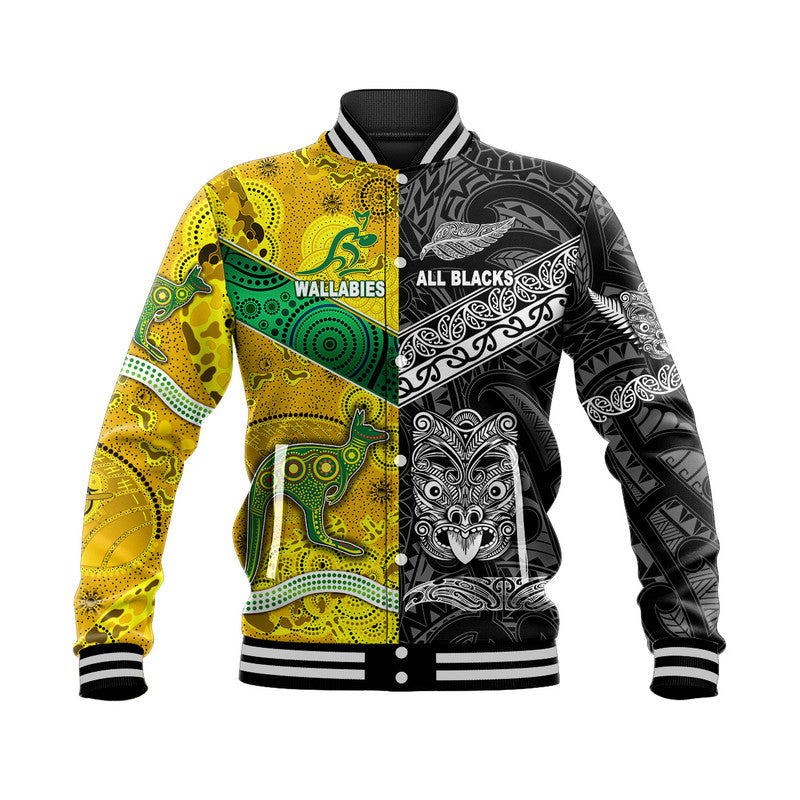 New Zealand Maori All Black And Australia Wallabies Aboriginal Baseball Jacket Rugby Together LT8 - Wonder Print Shop