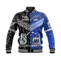 Unisex baseball jacket, black with blue graphics and striped ribbed cuffs