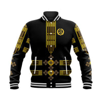 Black baseball jacket with gold Ethiopian-style panel, striped collar and cuffs