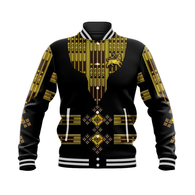 Black unisex baseball jacket with gold patterned front, lion emblem, striped cuffs