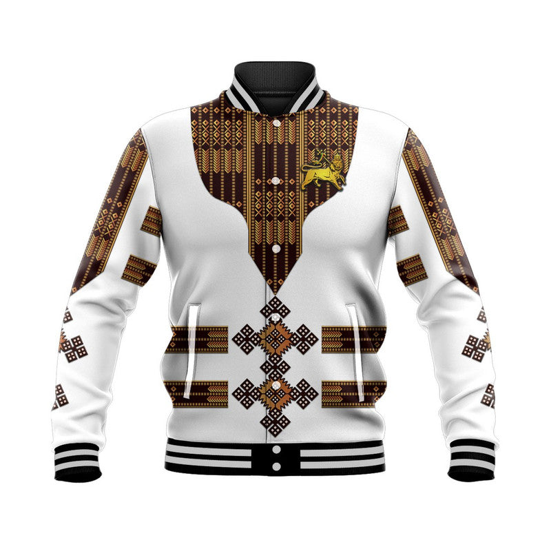 Ethiopian lion of Judah baseball jacket, white with black knit collar and cuffs