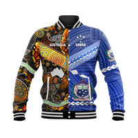 Blue and black Aboriginal baseball jacket with Australia and Samoa graphic front panel